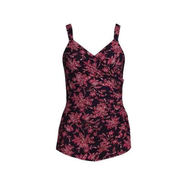 Lands End Red Floral Print Ruched V Neck Adjustable Straps Tankini Top Swimwear - Picture 1 of 5